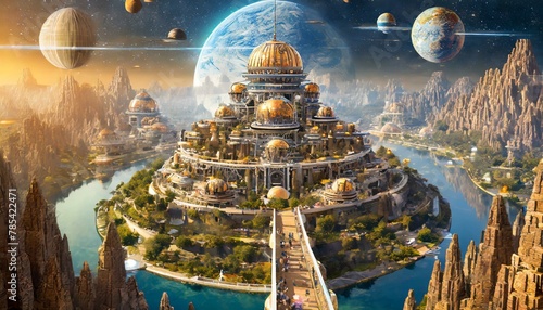 ultra-detailed view of ancient civilization city of many humans floating on a planet, guarded by alien spheres with a message for future generations; narrow walkways on top of many connecting #785422471