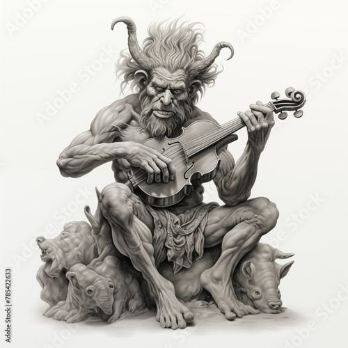 Black and White Illustration of a Satyr playing Guitar on a White Background