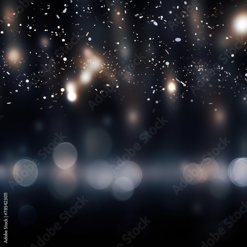 Silver abstract glowing bokeh lights on a black background with space for text or product display. 