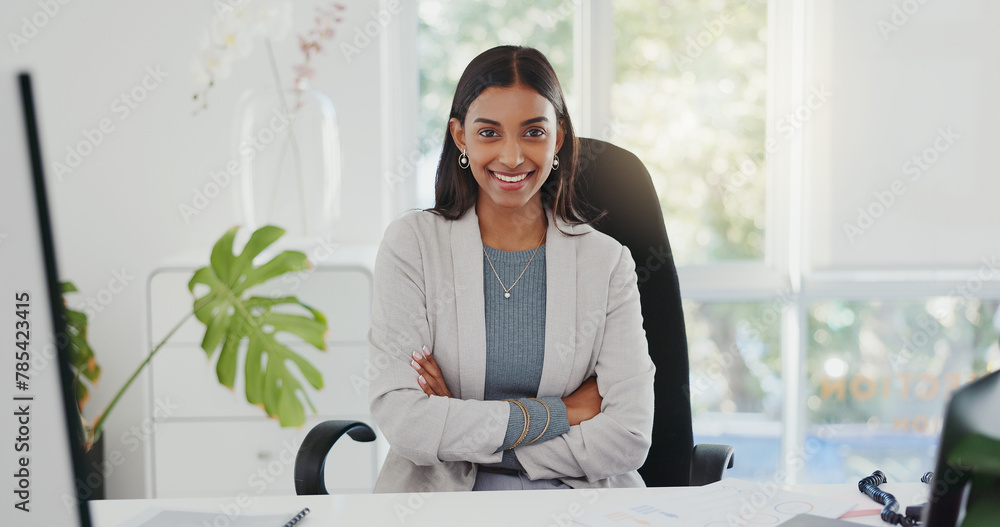 Face, pride and a woman with arms crossed in an office for a corporate job and working as an advocate. Smile, justice and portrait of a female lawyer with confidence in a legal career as an attorney - obrazy, fototapety, plakaty 