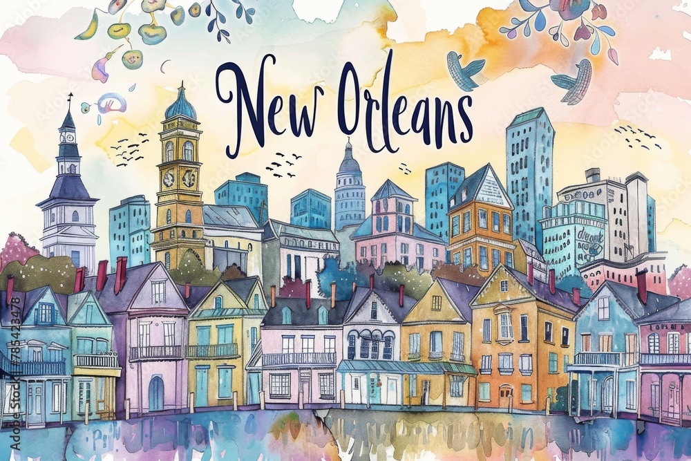 Whimsical Crayon Illustration of New Orleans

