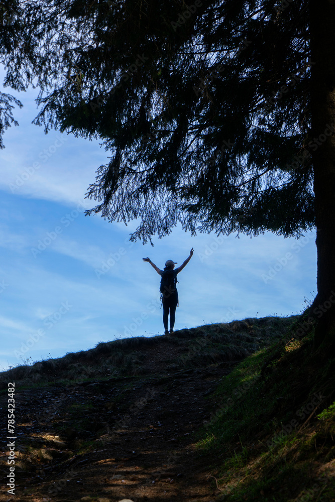 Silhouette of female hiker with shield cap and backpack under a fir tree towards blue sky 