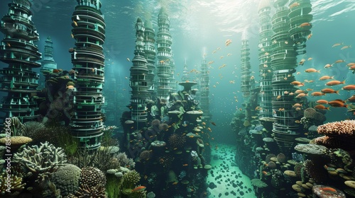Coral skyscrapers housing schools of fish, underwater metropolis