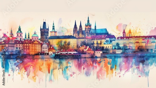 Whimsical Illustration of Prague with Crayon Strokes and Watercolor Splashes  