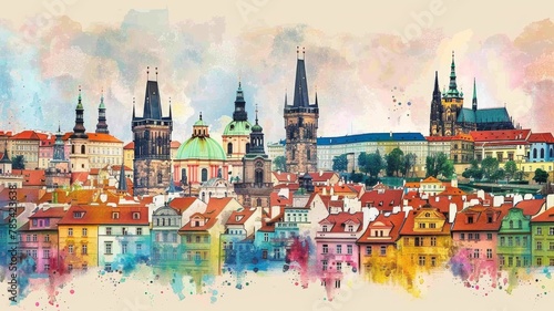 Whimsical Illustration of Prague with Crayon Strokes and Watercolor Splashes