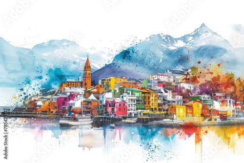 Whimsical Illustration of Ushuaia with Crayon Strokes and Watercolor Splashes