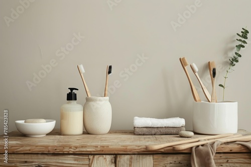 Dental hygiene items on a wooden table next to a bowl of water