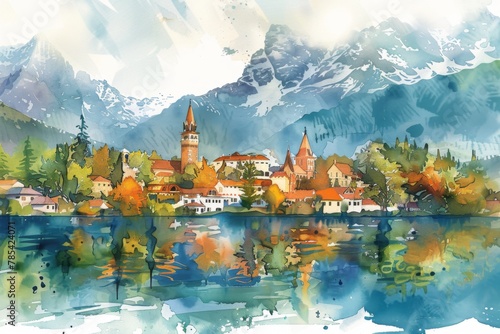 Whimsical Illustration of San Carlos de Bariloche with Crayon Strokes and Watercolor Splashes

 photo