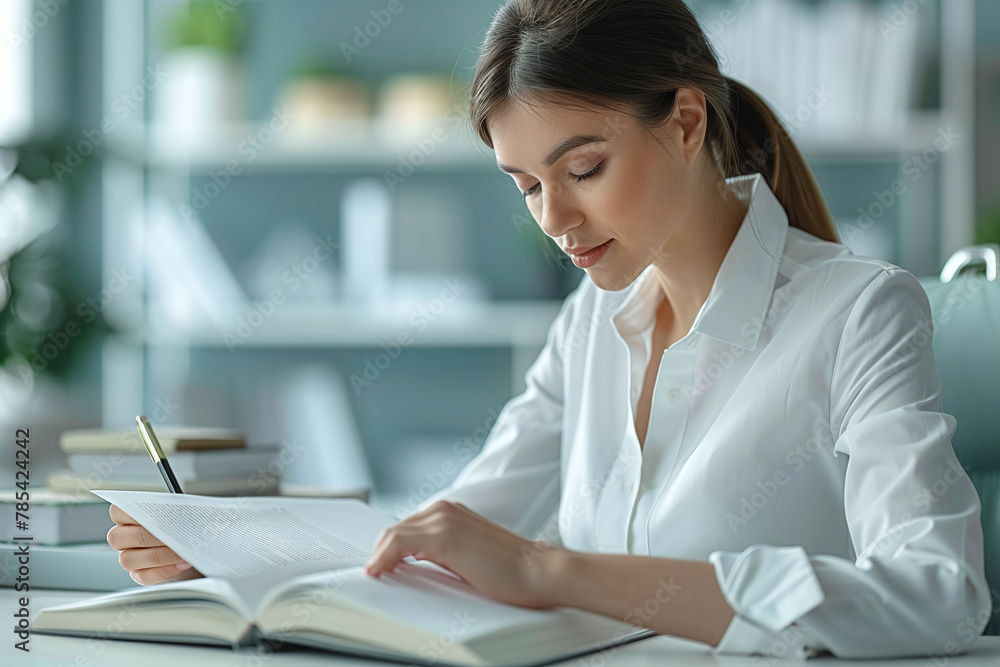 Peaceful Office Scene: Businesswoman with Notebook and Health Symbol Peaceful Office Scene: Businesswoman with Notebook and Health Symbol
