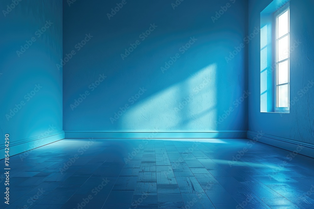 An empty underground blue room with bare walls and lighting with empty space An empty underground blue room with bare walls and lighting with empty space