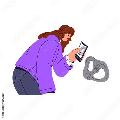 Museum visitor takes photo of exhibit. Photographer photograph sculpture on smartphone camera. Girl photography showpiece of art gallery by phone. Flat isolated vector illustration on white background