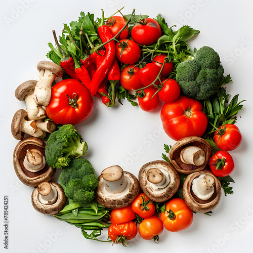 Circle frame made of vegetables and mushrooms isolated on a white background