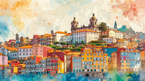 Whimsical Illustration of Porto with Crayon Strokes and Watercolor Splashes