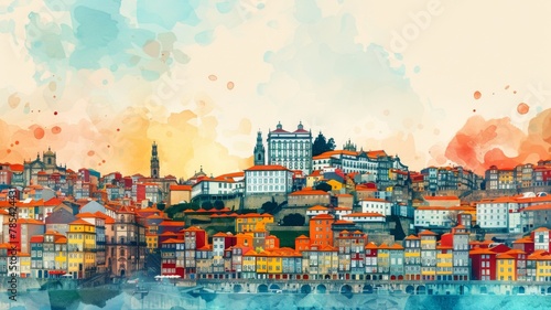 Whimsical Illustration of Porto with Crayon Strokes and Watercolor Splashes

 photo