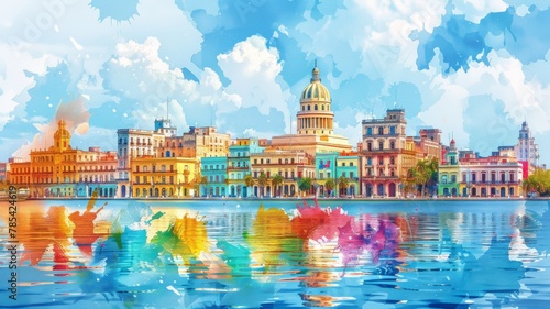 Whimsical Illustration of Havana with Crayon Strokes and Watercolor Splashes  