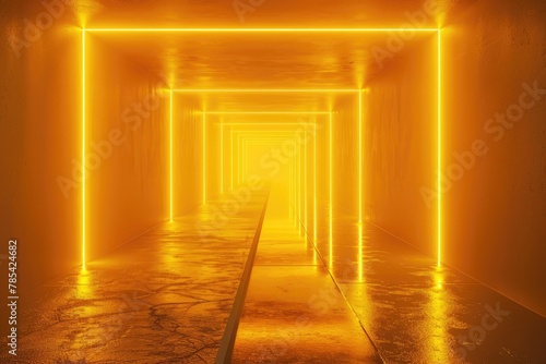 An empty underground yellow room like tunnel with bare walls and lighting metro