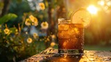 Cold iced tea in a glass, lemon slice, wooden table, garden view. Experience the calm of a sunset garden with a glass of iced tea.