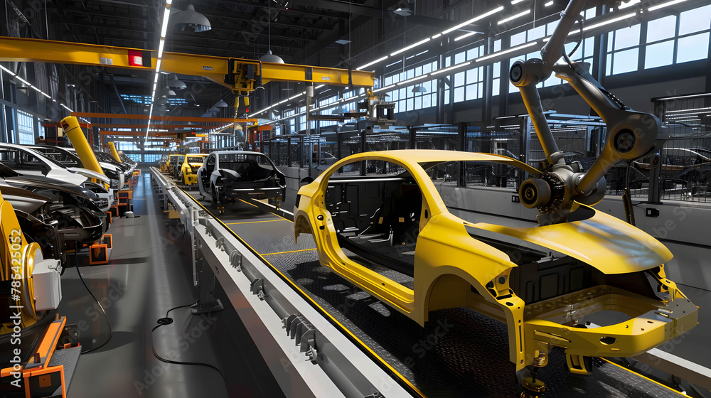 Automated Robot Arm Assembly Line Manufacturing High-Tech Green Energy Electric Vehicles. Automatic Construction, Building, Welding Industrial Production Conveyor. Automated Robot Arm Assembly Line Manufacturing High-Tech Green Energy Electric Vehicles. Automatic Construction, Building, Welding Industrial Production Conveyor.