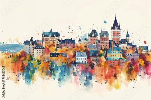 Whimsical Illustration of Quebec City with Crayon Strokes and Watercolor Splashes