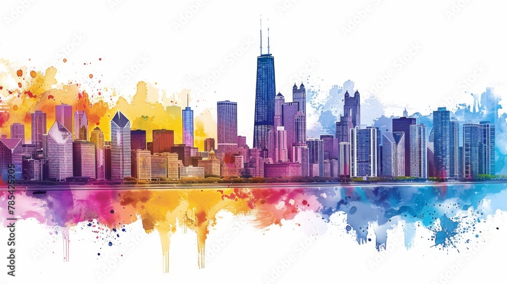 Whimsical Illustration of Chicago with Crayon Strokes and Watercolor Splashes


