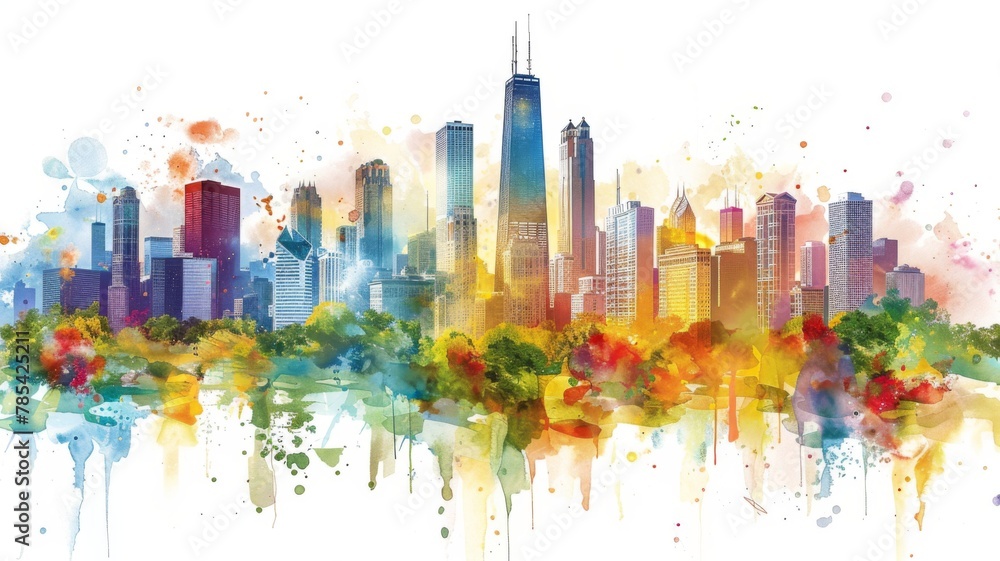 Whimsical Illustration of Chicago with Crayon Strokes and Watercolor Splashes