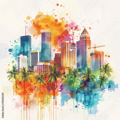 Whimsical Illustration of Miami with Crayon Strokes and Watercolor Splashes  