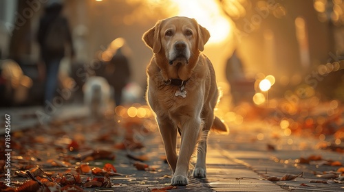Fawncolored Canidae walks by a fire on a sidewalk photo