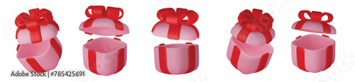 3d gift boxes set with red ribbon bow isolated on a white background. 3d render flying modern holiday closed surprise box.