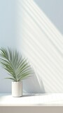 Silver background with palm leaf shadow and white wooden table for product display, summer concept. Vector illustration