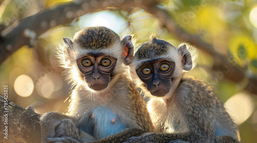Pair of vervet monkeys with a nursing infant 