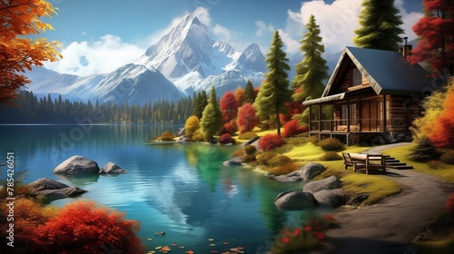A cozy wooden cabin nestled amidst vibrant autumn foliage on the serene shores of a crystal-clear lake, surrounded by a kaleidoscope of colors. photo