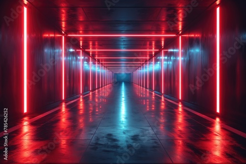 An empty underground red room like tunnel with bare walls and lighting metro © Marat