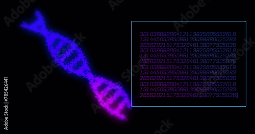 Image of data processing with dna strand on black background