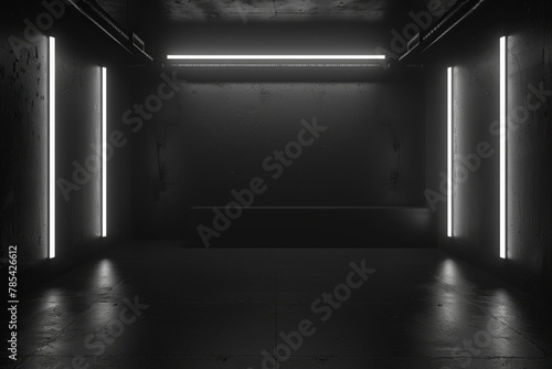 An empty underground black room like tunnel with bare walls and lighting metro