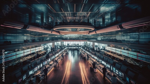 Trading floor with terminals, people in motion blur. Financial background.