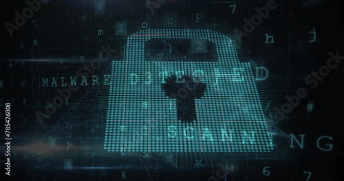 Image of dots forming padlock over texts, letters, symbols and numbers on abstract background