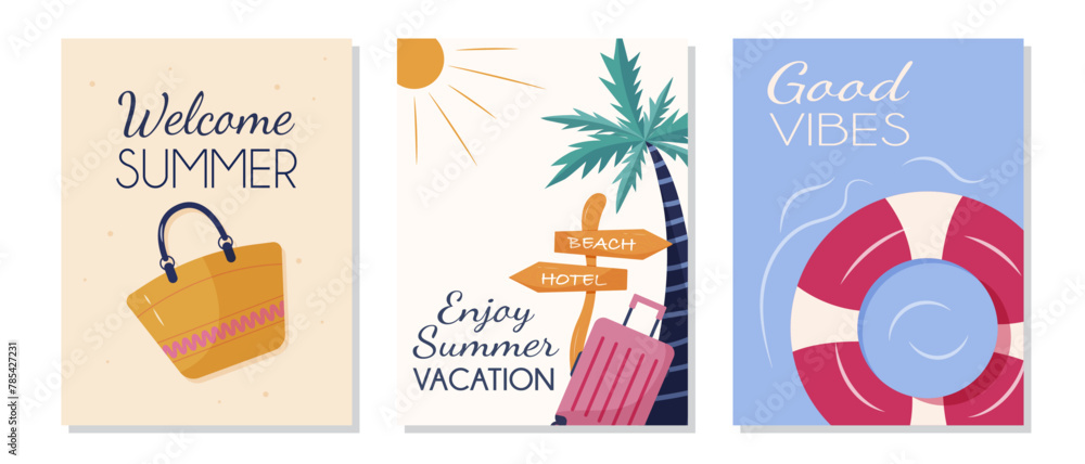 A set of summer vacation poster templates featuring a beach bag, palm tree, and life ring vector. It is an illustration in a minimalist style with simple design elements and a pastel color palette.