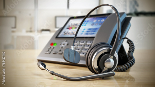 Modern VoIP phone and headset standing on wooden office table. Call center, marketing and technical support concept. 3D illustration