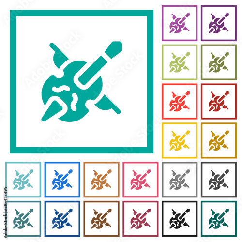 Double bass and bow solid flat color icons with quadrant frames