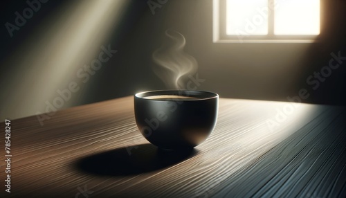 Coffee cup on dark wood table, steaming in soft natural light. Inviting scene of a steaming coffee cup on a dark wood surface.
