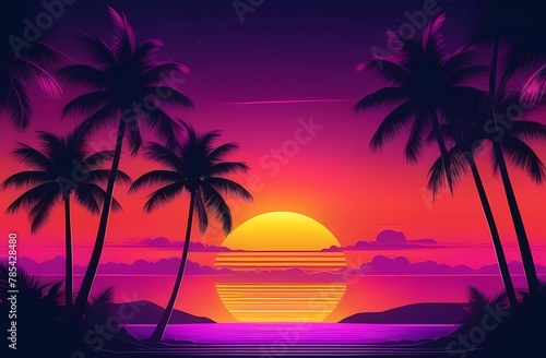Tropical background with sunset or sunrise in retro style neon light. Palm trees and sun