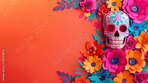 Dia de los Muertos Inspired Frame with Colorful Skulls and Flowers
