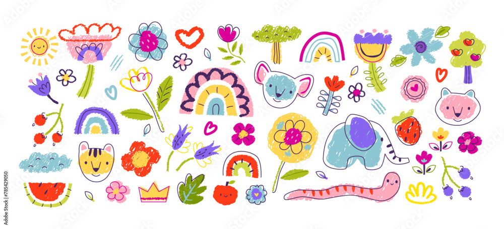 Chalk doodles, flowers and animals. Cute children's drawings with chalk or pencil. Baby hand drawn design for textile, posters, cards. Vector set illustration