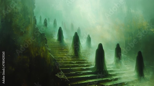 Mysterious Surrealism: Faceless Figures Ascending Endless Staircase in Soft Light, Creating an Enigmatic Atmosphere.