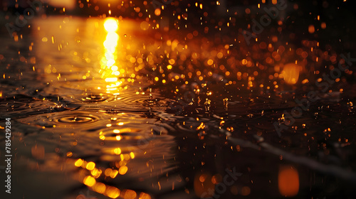 raindrops on the pavement, creating a natural percussion accompaniment to the music playing from an open window at sunset