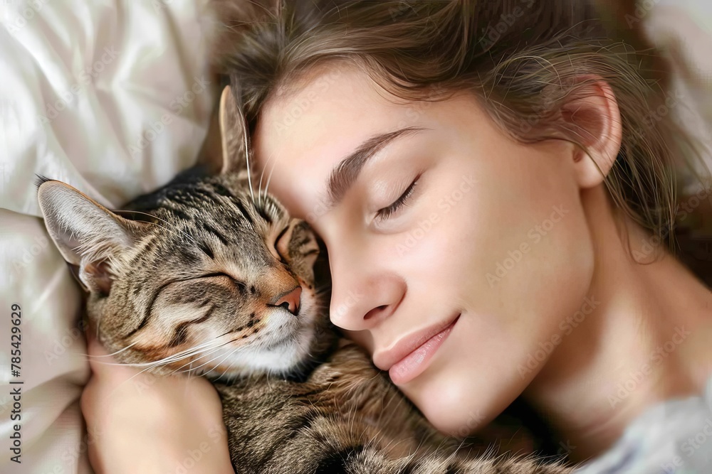 Serene scene  young woman and cat peacefully sleeping together on a white bed at home