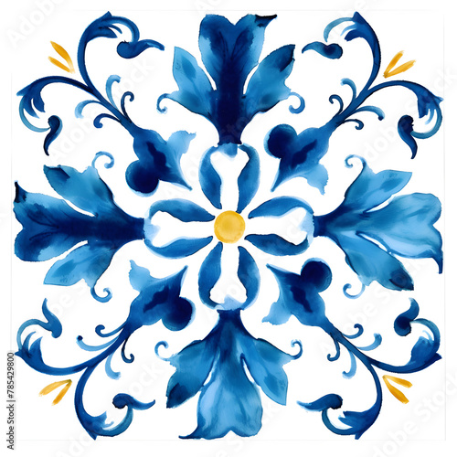 Pattern of azulejos tiles. Rustic blue and yellow tile watercolor seamless pattern.
