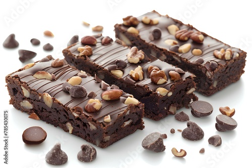 A close up of a piece of cake with nuts on it and chocolate chips on the side of the cake product