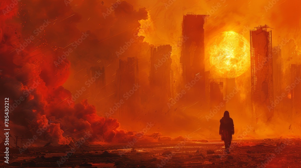 Fototapeta premium Intense Heat Distorted Cityscape with Melting Buildings and Lone Survivor Walking, Evoking a Cinematic Atmosphere of High Tension and Survival.