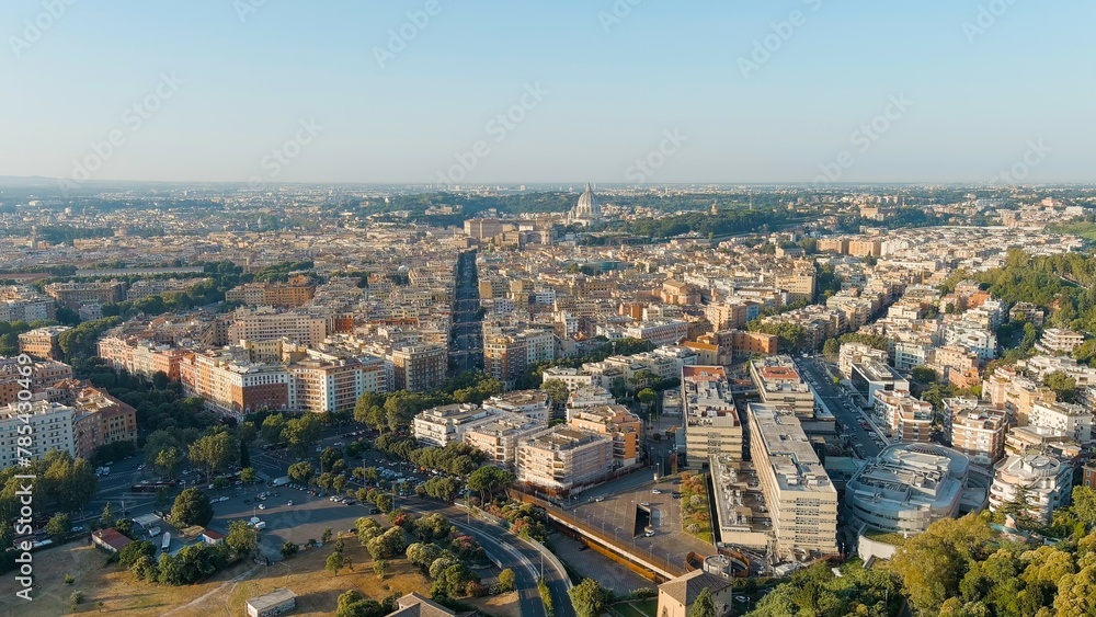 Rome, Italy. View of the Vatican. Dome of the Basilica di San Pietro, Flight over the city. Morning hours, Aerial View